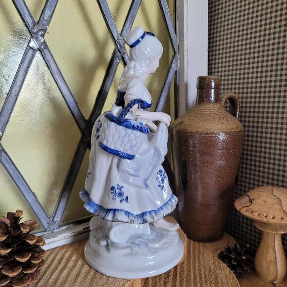 Vintage Porcelain Figurine - Delft Blue Style - Romantic Victorian Young Woman - Picture 4 of 16